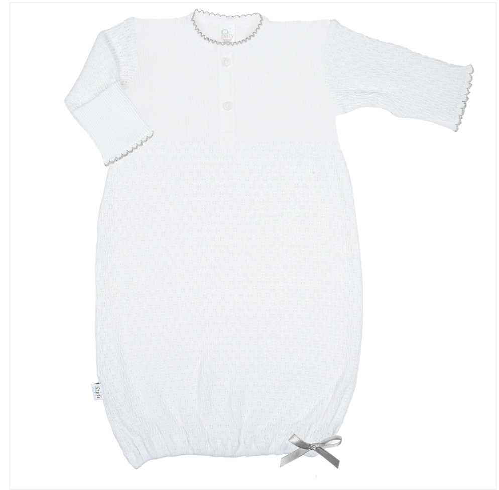 Paty Knit Placket Gown White with Trim