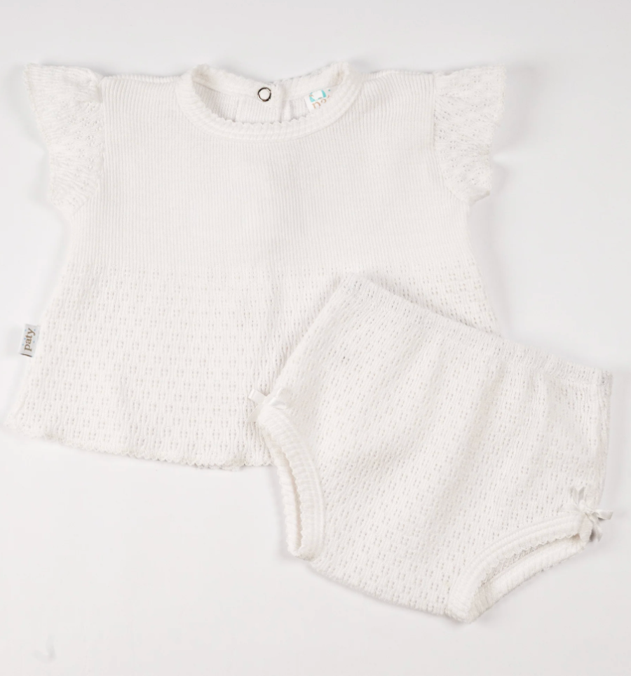 Paty Knit Flutter Sleeve Diaper Set White with Trim