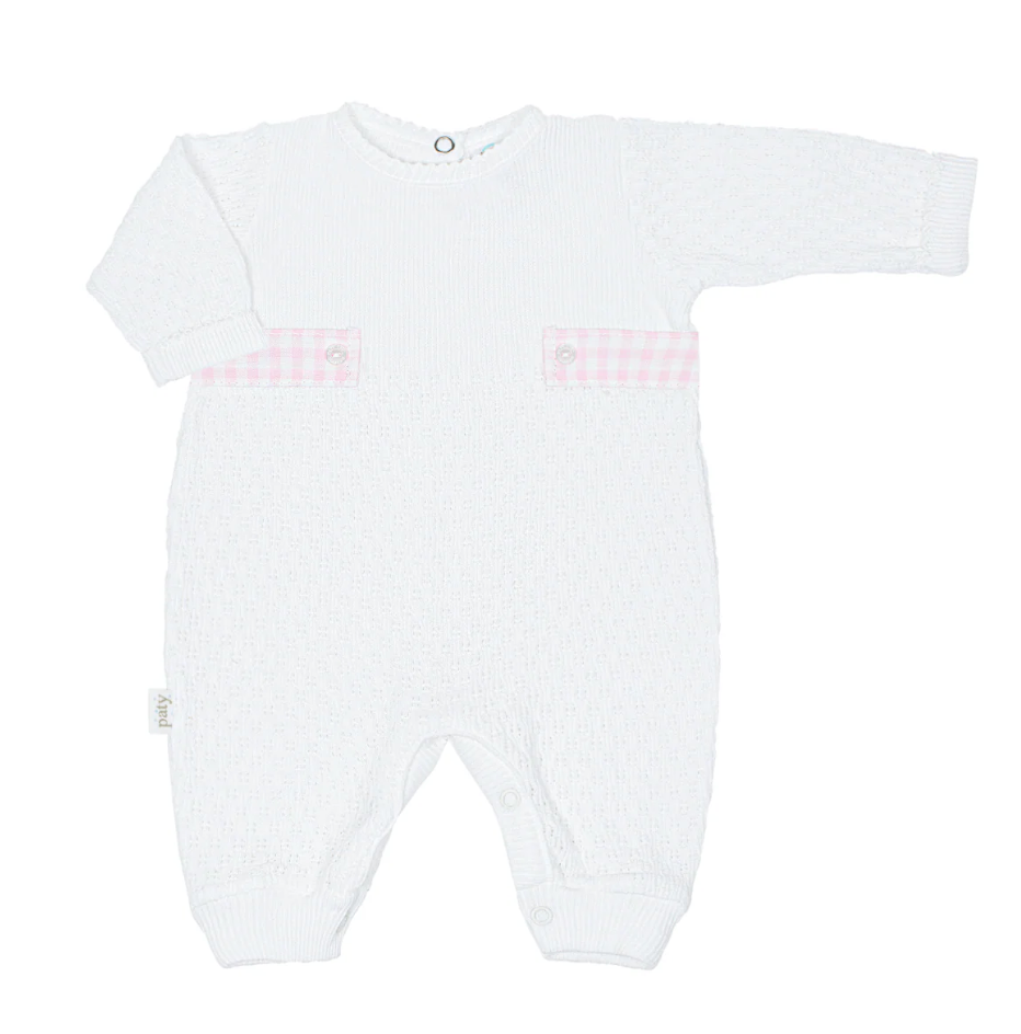 Paty Knit Long Sleeve Romper with Gingham Tabs