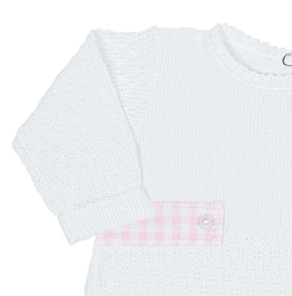 Paty Knit Long Sleeve Romper with Gingham Tabs