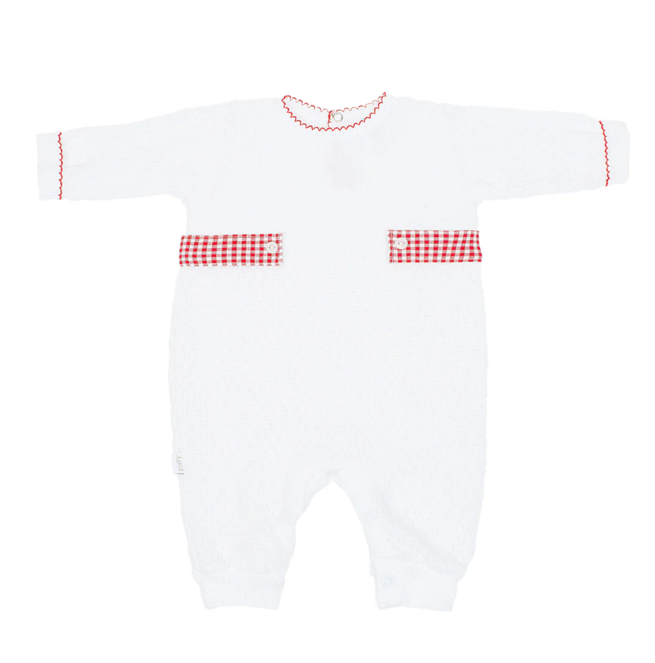 Paty Knit Long Sleeve Romper with Gingham Tabs