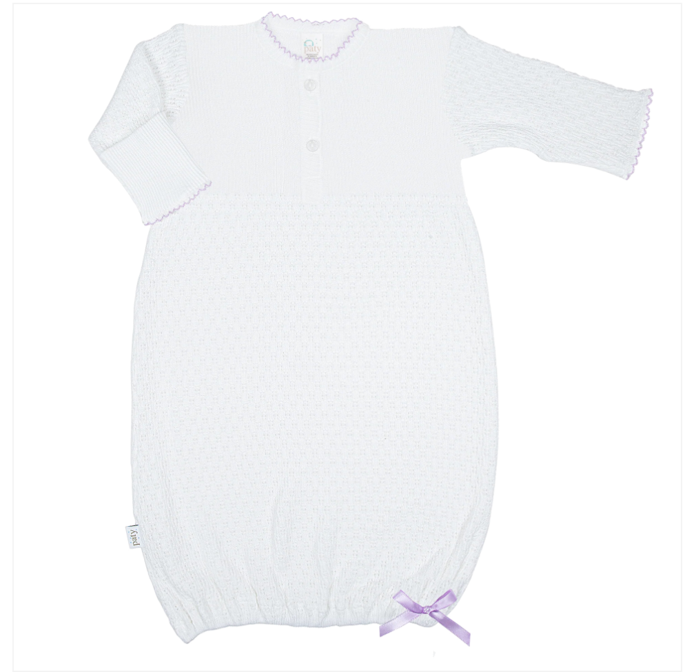 Paty Knit Placket Gown White with Trim