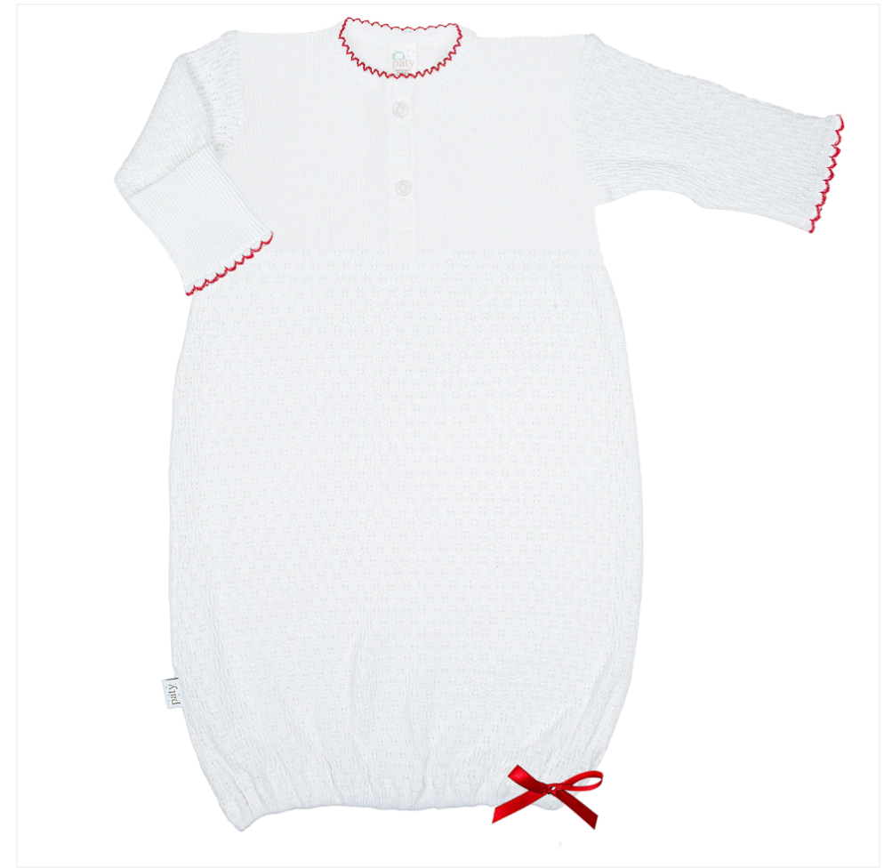 Paty Knit Placket Gown White with Trim