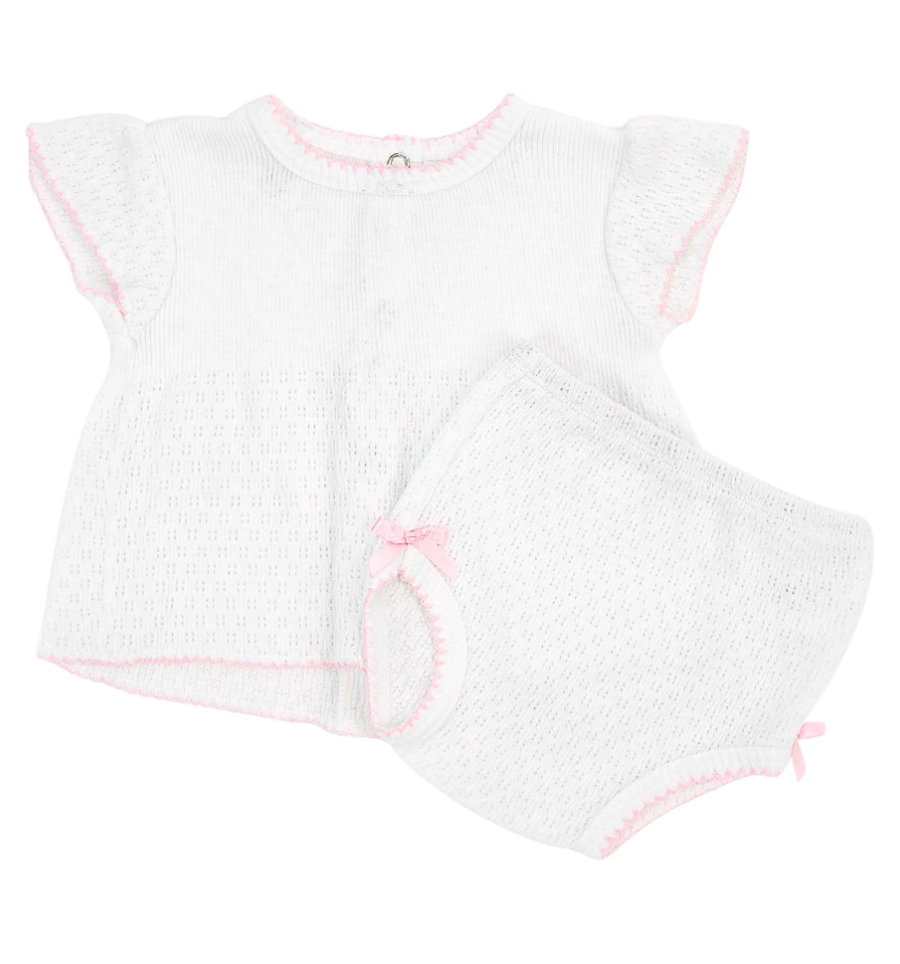 Paty Knit Flutter Sleeve Diaper Set White with Trim