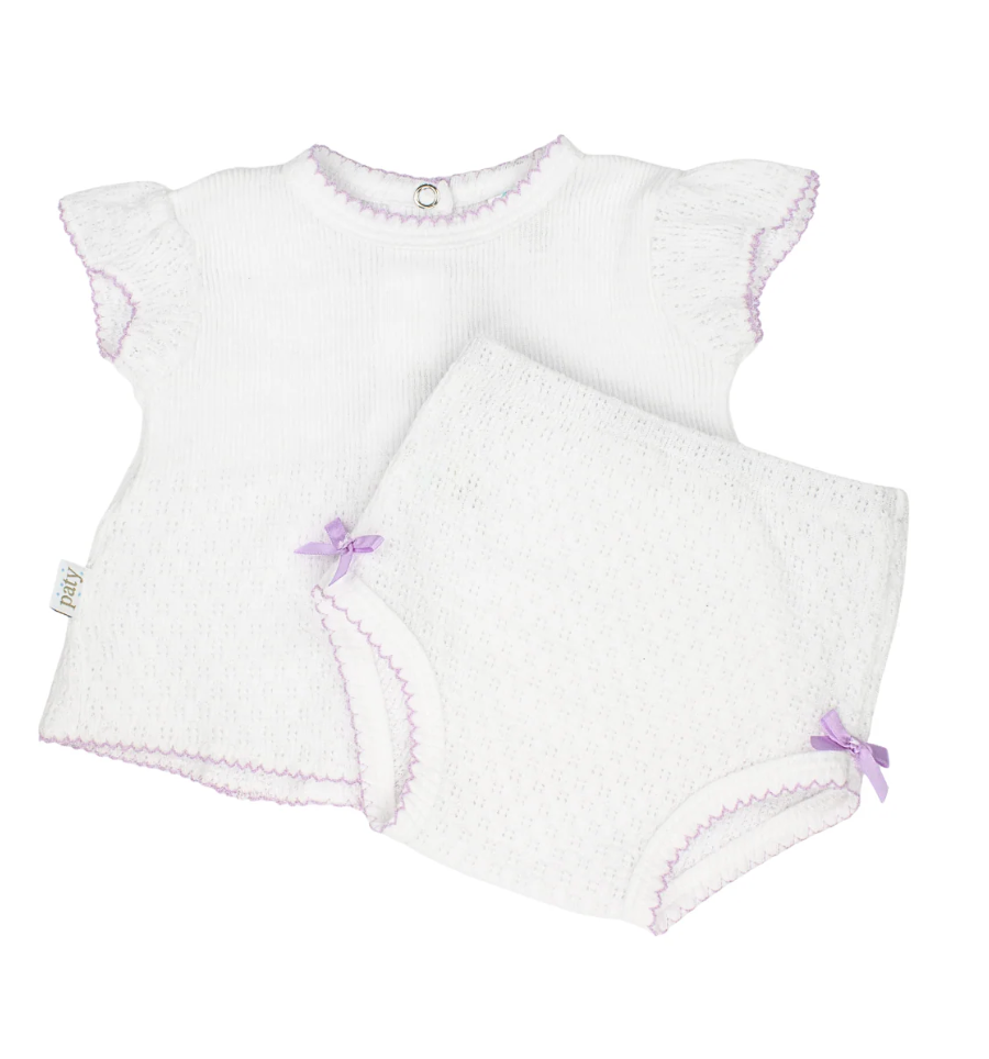 Paty Knit Flutter Sleeve Diaper Set White with Trim