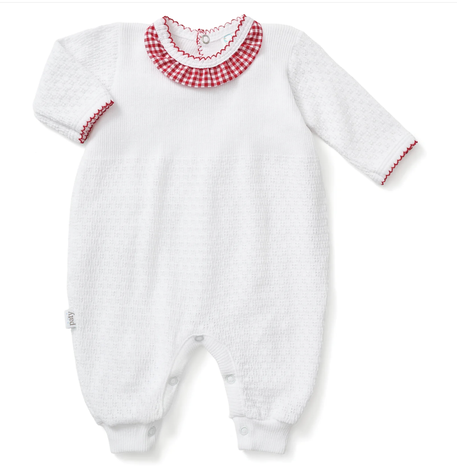 Paty Knit Romper with Red Gingham Ruffle