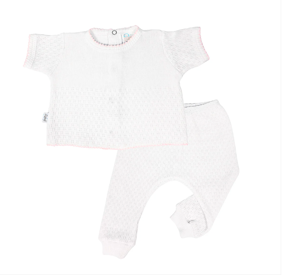 Paty Knit Short Sleeve Legging Set White with Trim