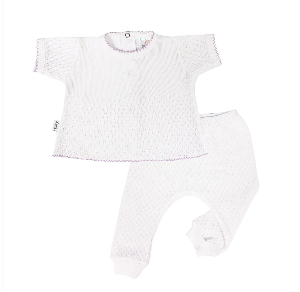 Paty Knit Short Sleeve Legging Set White with Trim